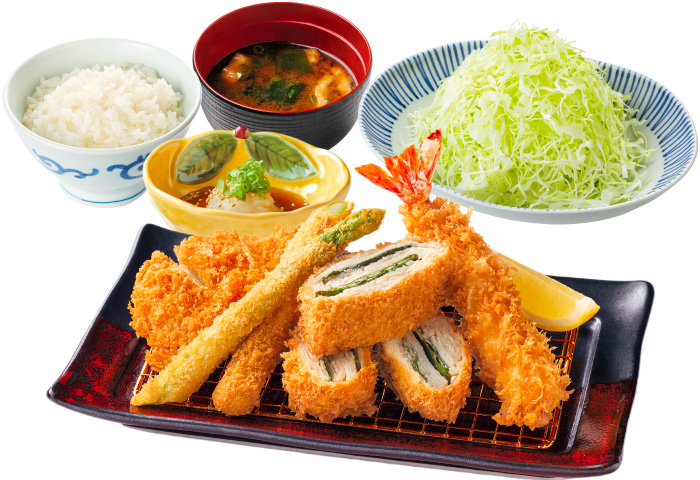 アスパラと大葉重ねかつとヒレ御膳