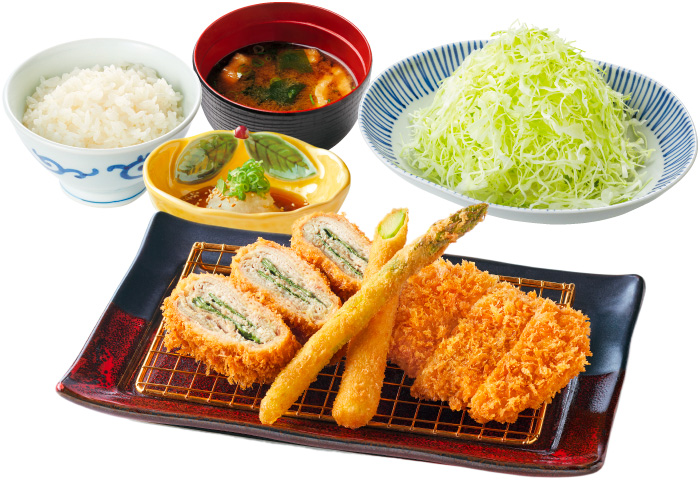アスパラと大葉重ねかつとチキンかつランチ